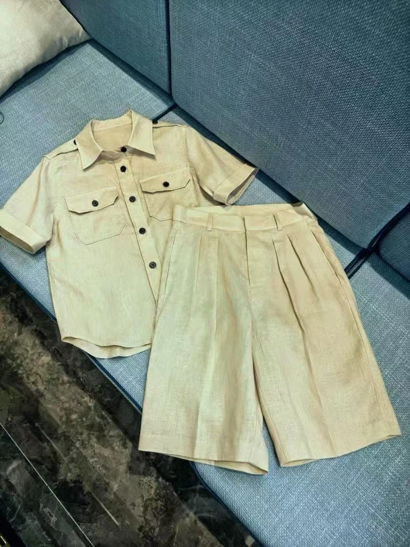 SS251161   LP老钱风夏季100%亚麻衬衫中裤两件套