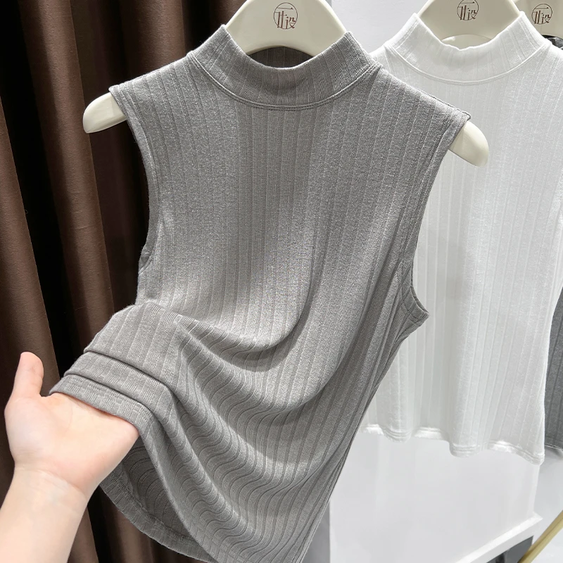 卡其色软糯针织无袖t恤背心女新款坑条设计辣妹外穿紧身打底上衣