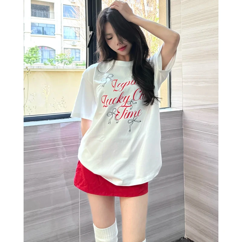 美式复古小众设计感短袖t恤女夏季蝴蝶结字母印花宽松休闲上衣潮