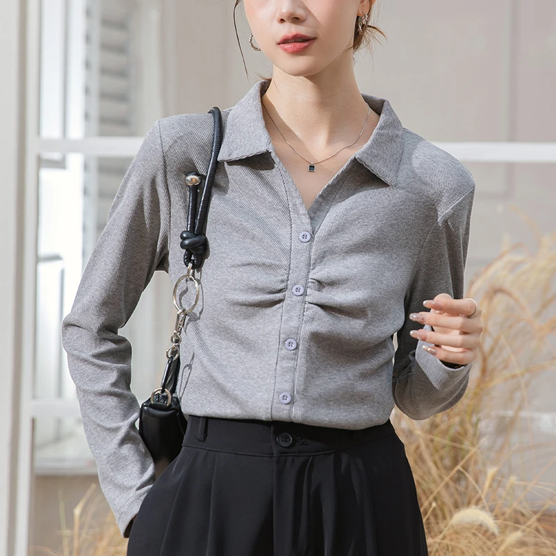 POLO翻领长袖t恤女翻领纯色纽扣褶皱百搭显瘦上衣