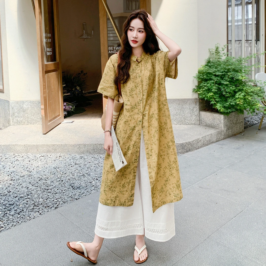 森系气质叠穿套装女夏2025新款短袖碎花开叉衬衣长裙阔腿裤两件套