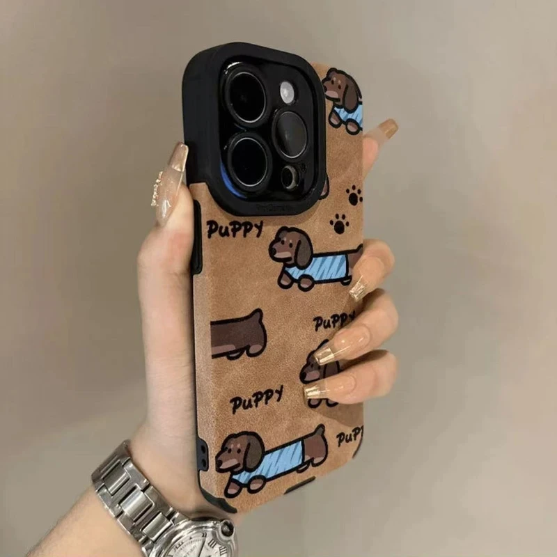 复古腊肠小狗翻毛皮适用苹果16pro手机壳华为小米OPPOVIVO防摔