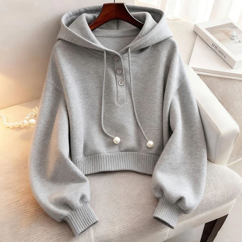 小众别致灰色连帽抽绳纯色卫衣秋季韩系慵懒风时尚洋气舒适打底衫