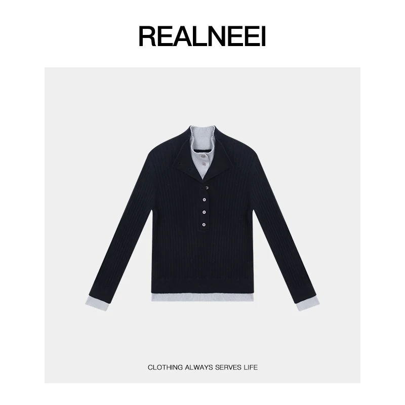 REALNEEI【冰河世纪】纟光眻毛撞色简约翻领假两件毛织上衣01017