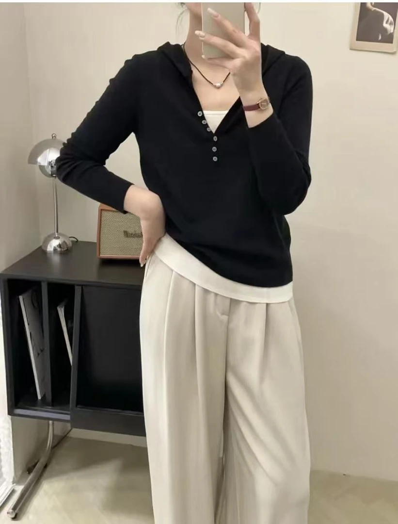 8227-3292 显瘦女长袖纯色连帽毛针织衫