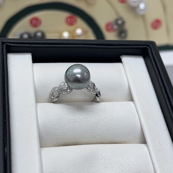 海水珍珠戒圈银S925镶嵌大溪地10-11mm18号