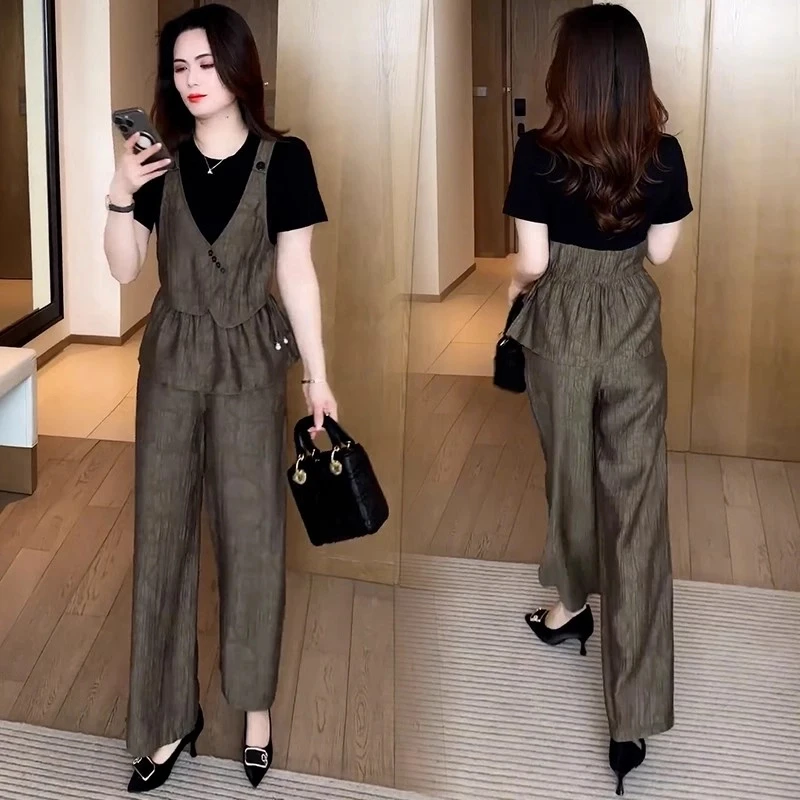 时尚套装女2025夏季新款洋气显瘦短袖上衣阔腿裤休闲两件套