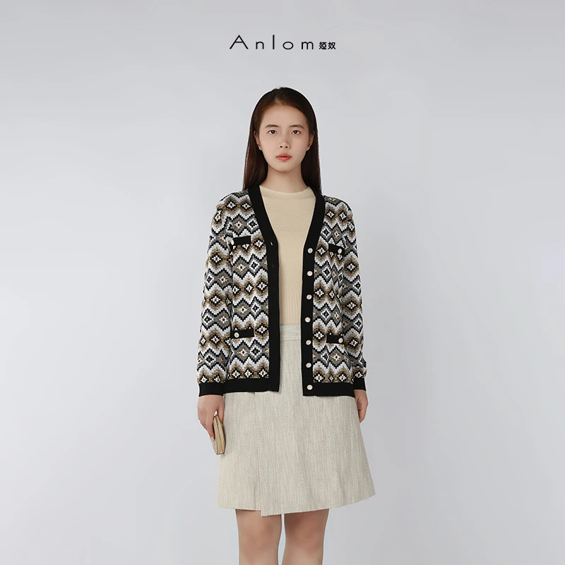 Anlom/娅奴秋冬长袖新款黑白条纹休闲绵针织衫通勤上衣开衫