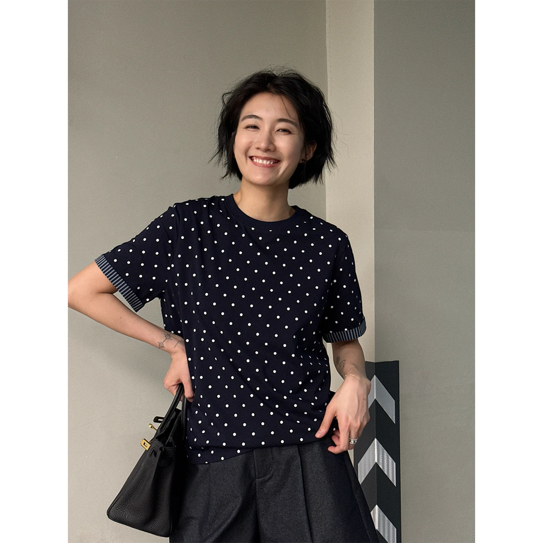 LANGQING 正显瘦宽松圆领小众设计感舒适波点T恤44565#