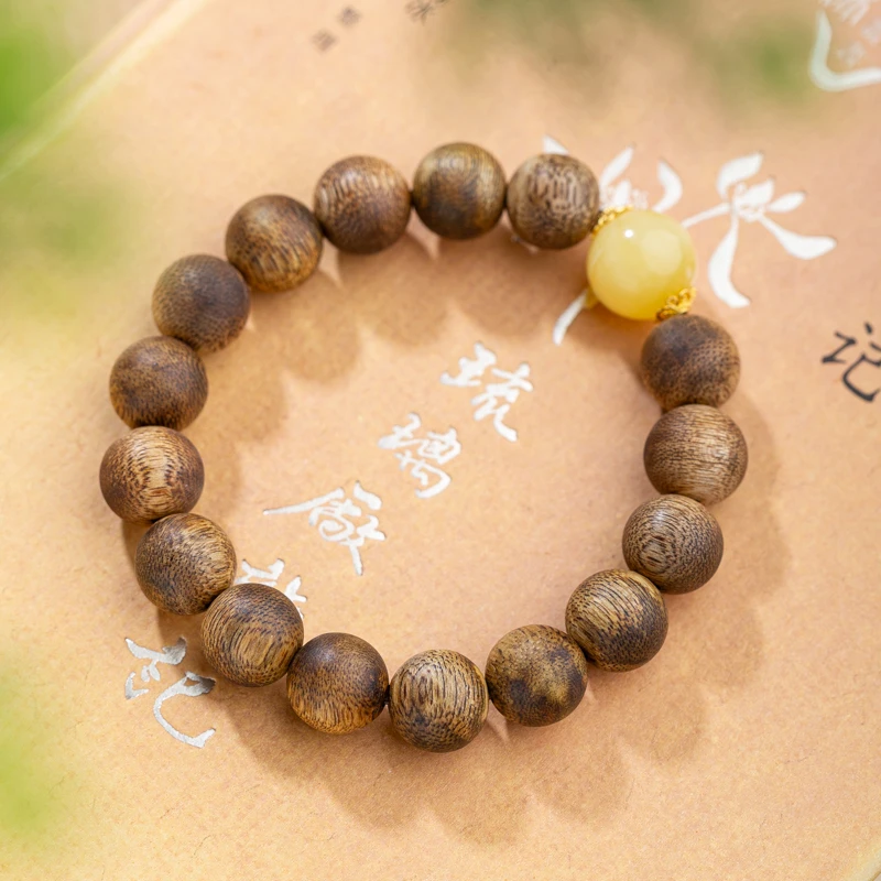 XIANYUAN/仙源 沉香莺歌绿奇楠12mm蜜蜡单圈手串中式念珠文玩手串