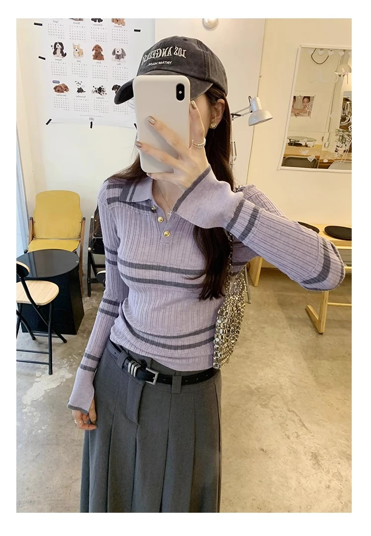 条纹撞色内搭针织打底衫2025秋冬季高级感修身洋气穿搭上衣W1-41