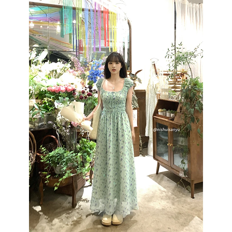 溺水三鱼【北岛花季】夏季出游度假风法式设计感方领雪纺碎花连衣裙