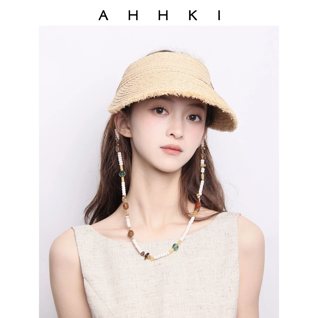 AHHKI原创设计编织空顶草帽拉菲草串珠链条挂脖遮阳帽度假防晒帽