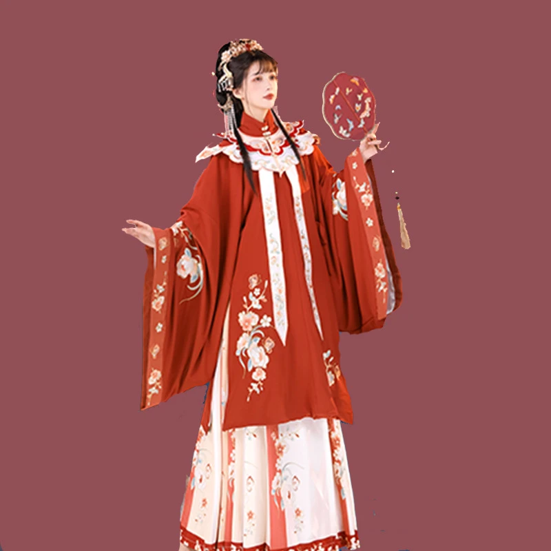 红色花嫁成人汉服女冬季拜年明制立领长衫云肩全套重工刺绣服