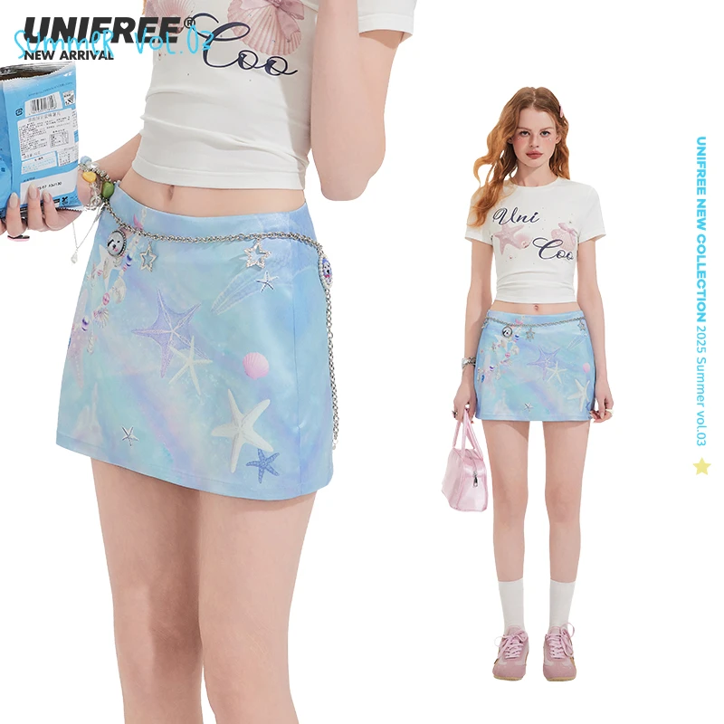 unifree【25年夏】蓝色缎面半身裙韩系时尚甜美印花小众包臀短裙