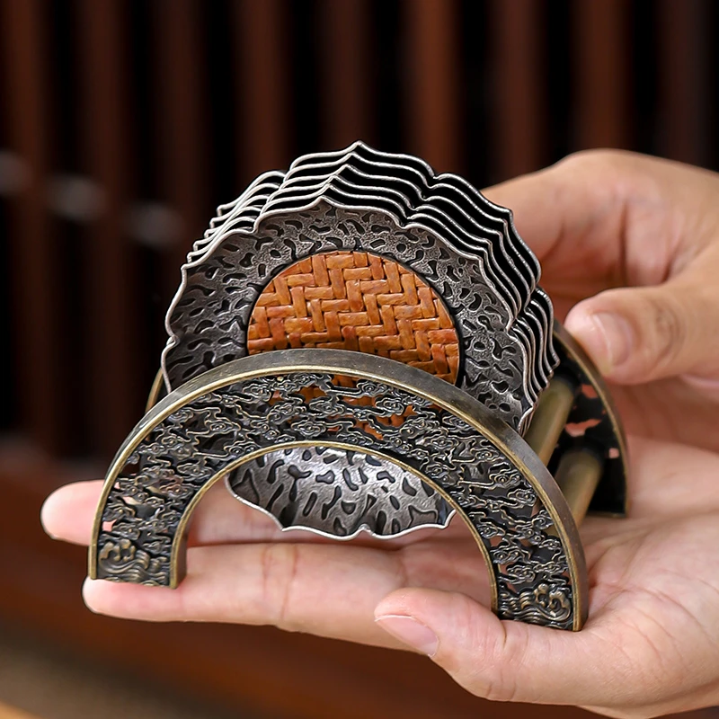 唐门诀古铜小杯垫合金竹席茶碟防烫茶杯托茶具配件带收纳架子