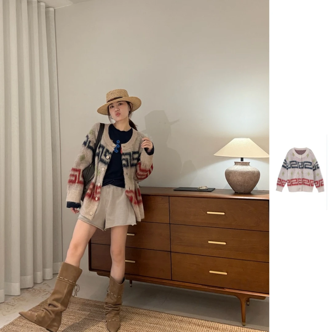 HAIZHENWANG  25早秋新品落肩袖长袖常规款针织开衫提花上衣