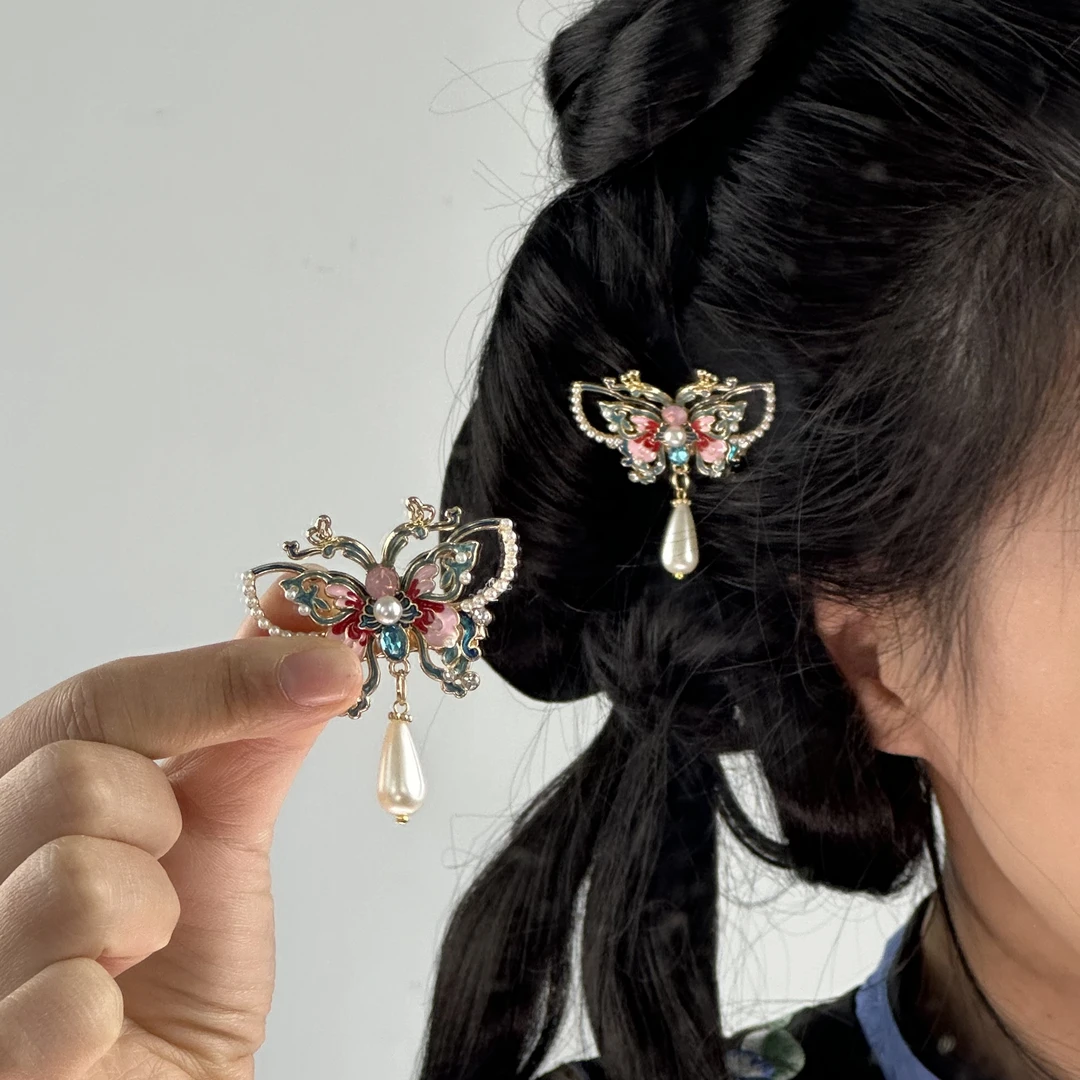 仿古仿故宫文物烧蓝蝴蝶发夹汉服旗袍新中式清汉女发饰头饰品复古