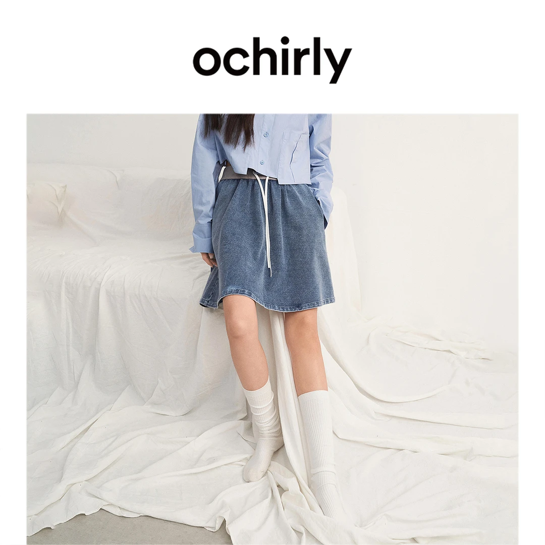 OCHIRLY欧时力 弹力针织短裙半身裙a字抽绳休闲度假裙2025夏新品