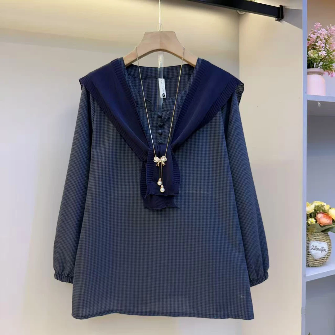 2025欧货大码女装新款设计感格子时尚衬衫针织披肩两件套
