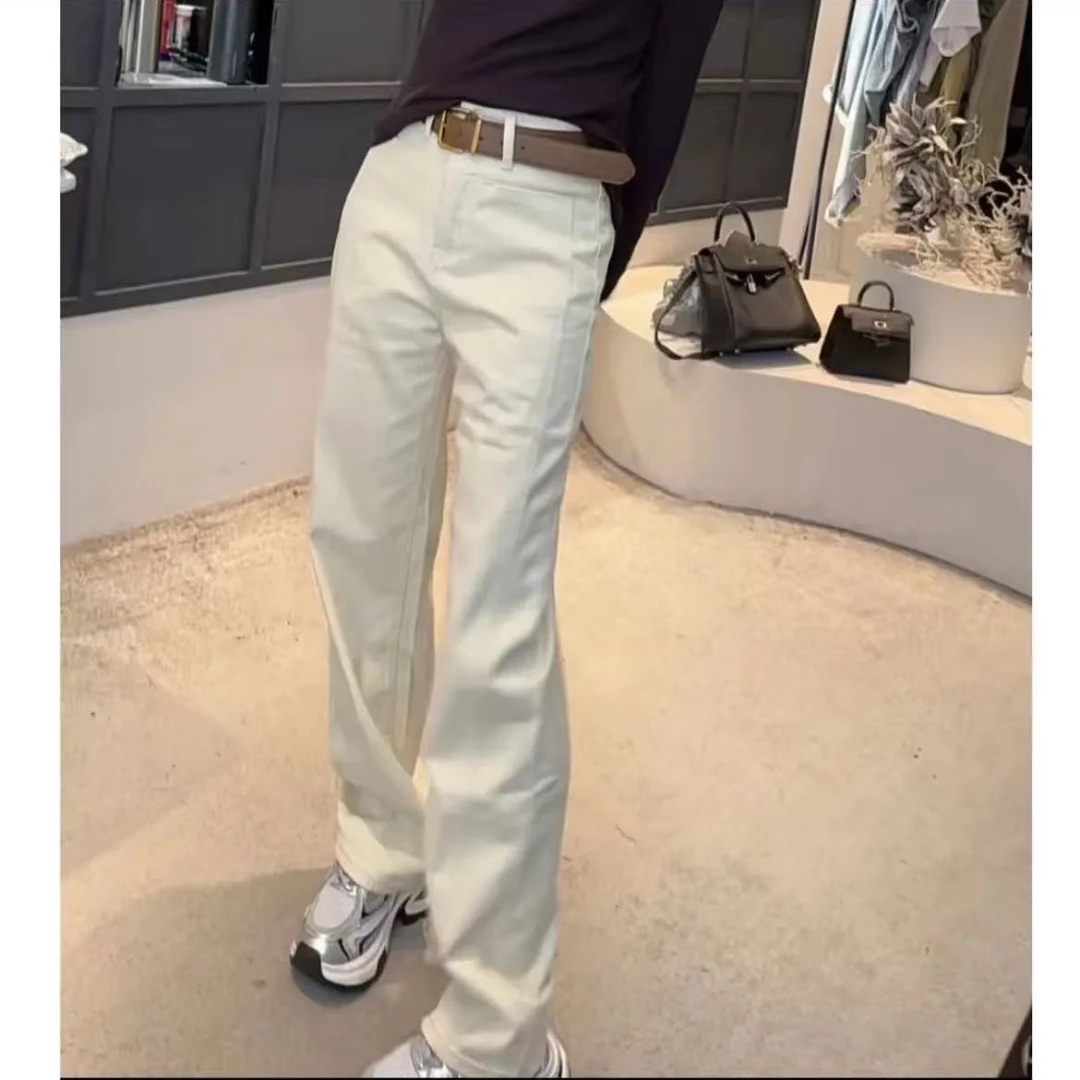 春季新款象牙白弯刀牛仔裤女2025宽松新款高腰百搭显瘦拖地直筒裤