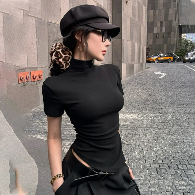 辣妹风开叉半高领打底短袖T恤女夏季2025新款收腰显瘦不规则上衣