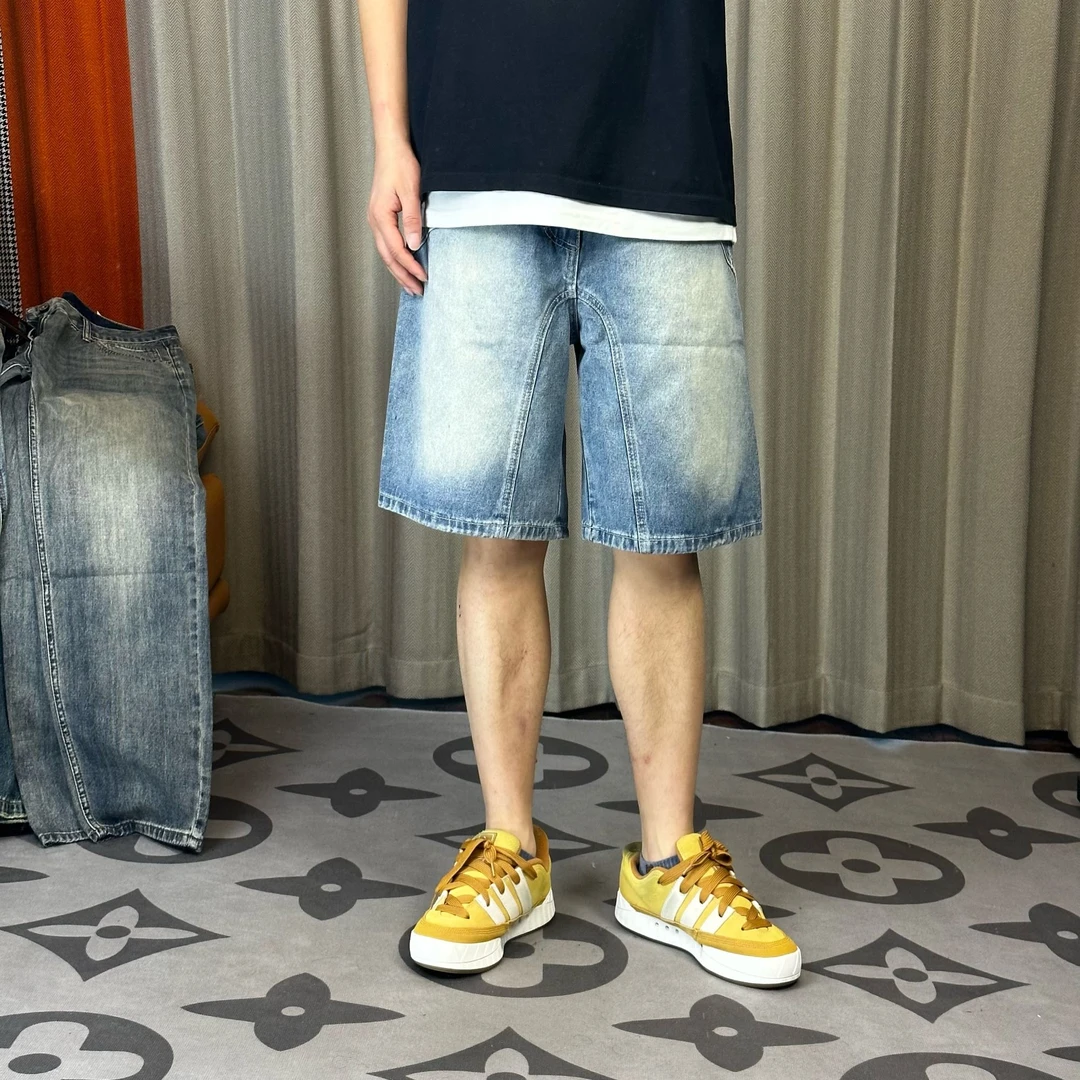 夏季新款美式潮牌做旧宽松水洗浅蓝色拼接五分牛仔短裤中裤男学生