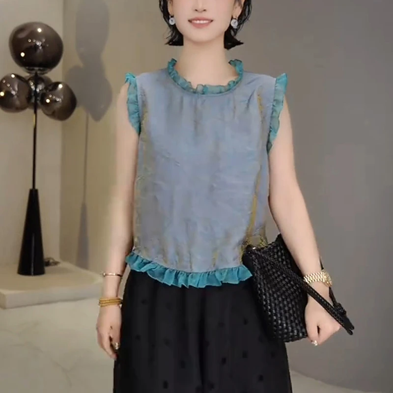 法式蕾丝花边领暗纹提花无袖衬衫女夏高级感时尚气质减龄别致上衣
