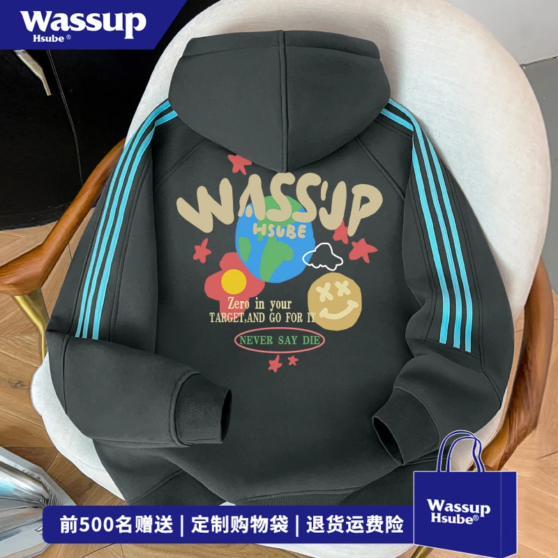 WASSUP HSUBE创意图案印花连帽开衫卫衣男女秋冬慵懒风三条杠外套