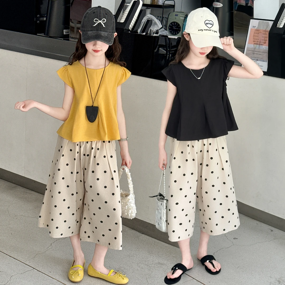 女童夏季韩系套装穿搭2025新款大童衬衫儿童夏装波点阔腿裤两件套