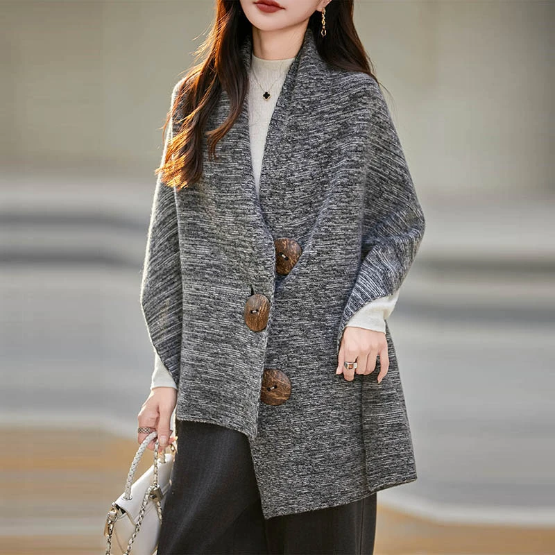 Y2533已开价 100%羊毛大披肩气质外搭花纱大扣优雅针织保暖披肩