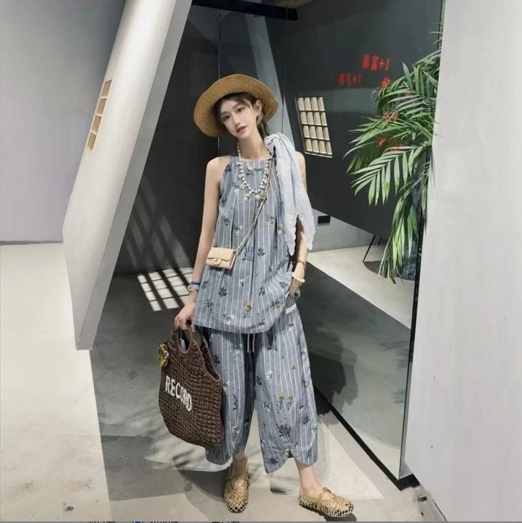 【十七雏菊条纹背心+裤】2025秋新款刺绣挂脖吊带+九分裤气球裤女