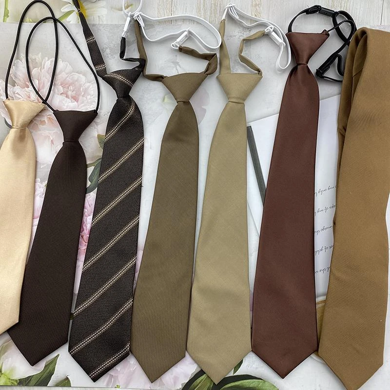 棕色复古免打领带咖啡色杏色卡其色光面懒人格子长款手打学院风男