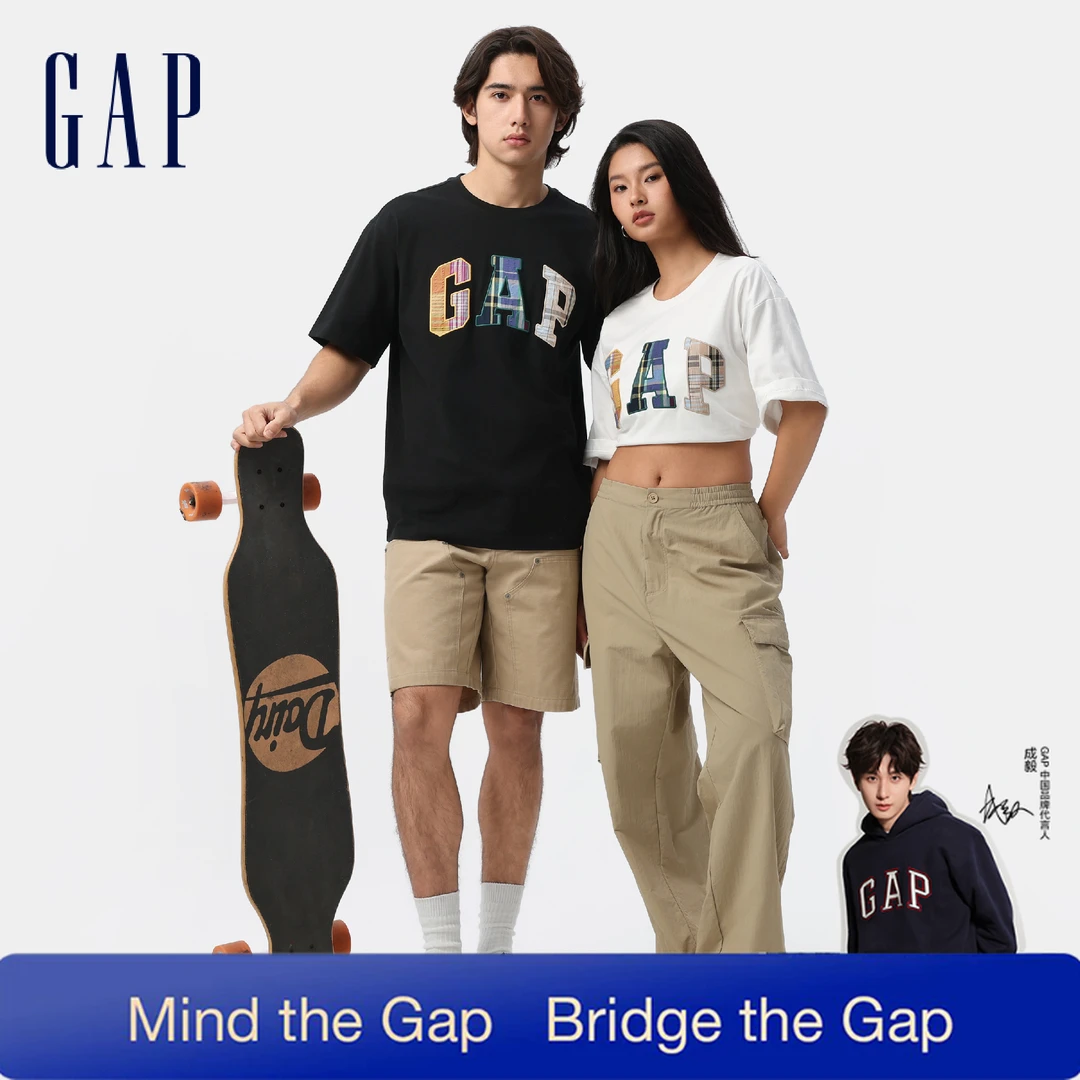 【成毅代言】Gap男女装夏季格纹贴布绣短袖T恤宽松多色729330