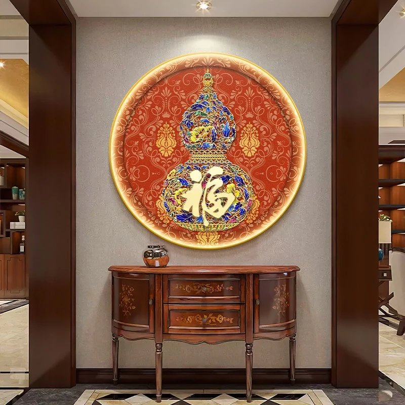珐琅彩福字圆形玄关装饰画带灯发光走廊尽头挂画入户正对墙壁画