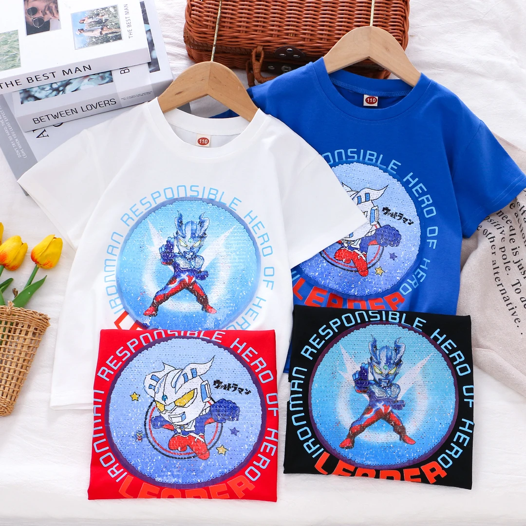 男童夏天T恤短袖棉夏季2025爆款变色亮片上衣男孩子百搭圆领短袖