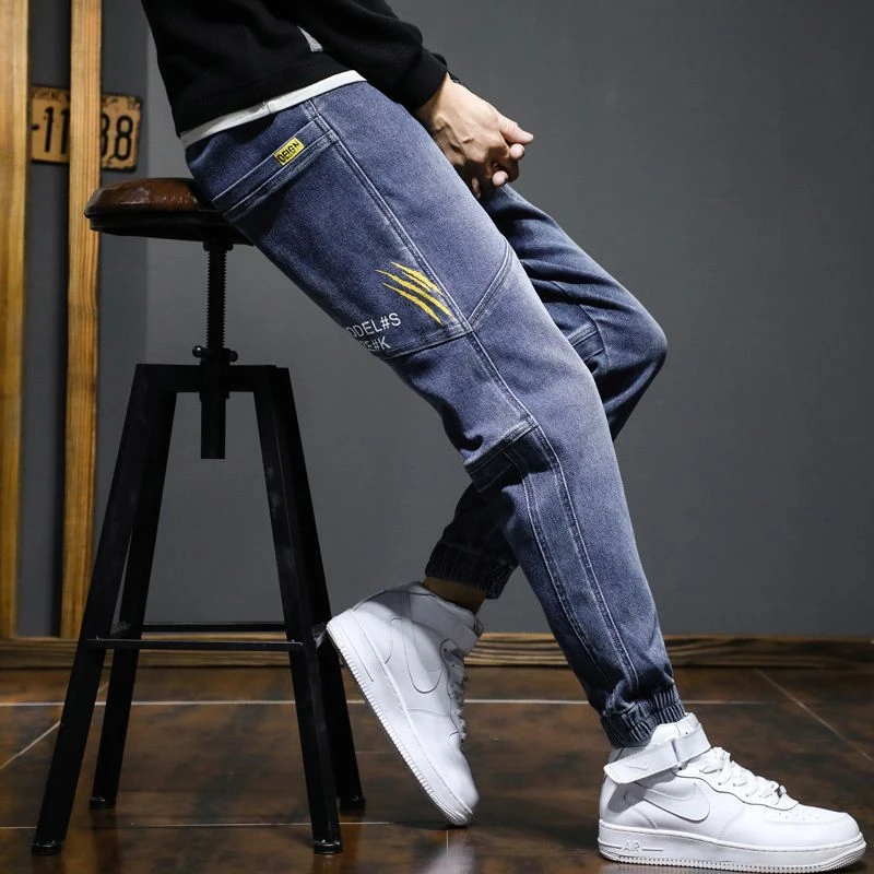 春秋新款百搭男士束脚牛仔裤休闲潮流大口袋裤子男宽松裤男生裤子