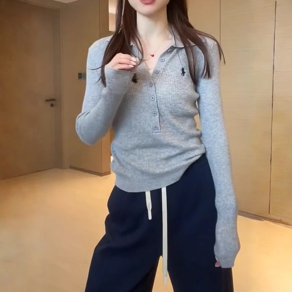 翻领长袖针织衫女2025秋冬新款刺绣战马百搭套头POLO领上衣毛衫潮