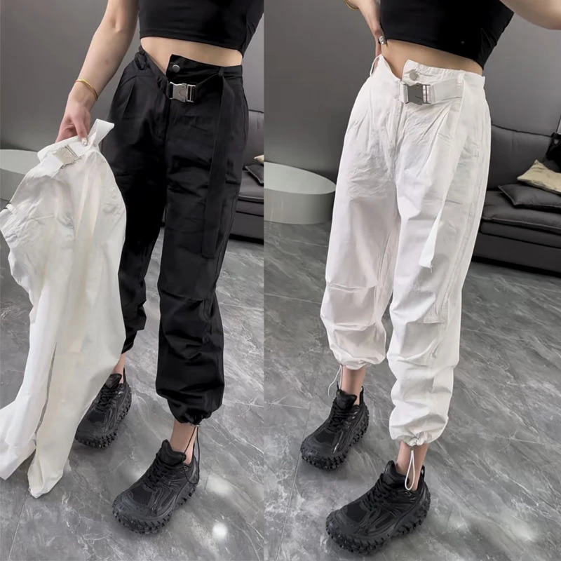 春夏季新款2025年欧货宽松显瘦工装裤女松紧腰抽绳束脚抽绳休闲裤