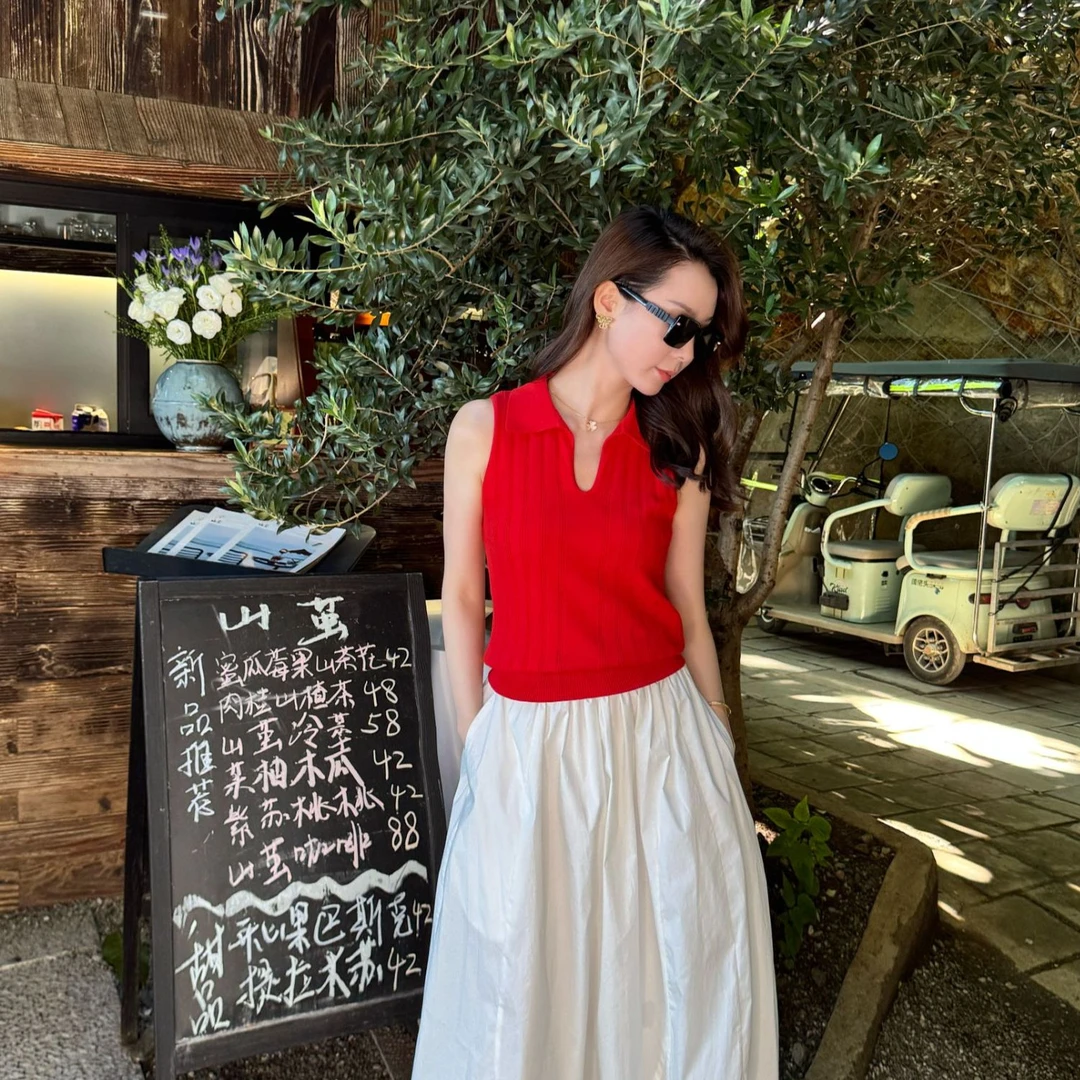 JIAO.AO【至简】现时尚翻领纯色设计感坑条无袖针织背心Y8437