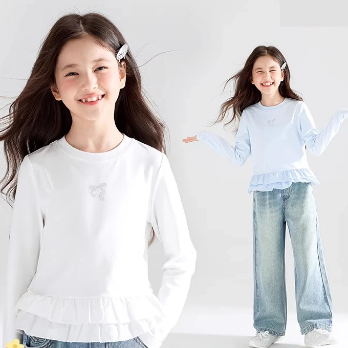 【云梦芭蕾】蝴蝶结烫钻T恤蛋糕花边长袖女童春新款