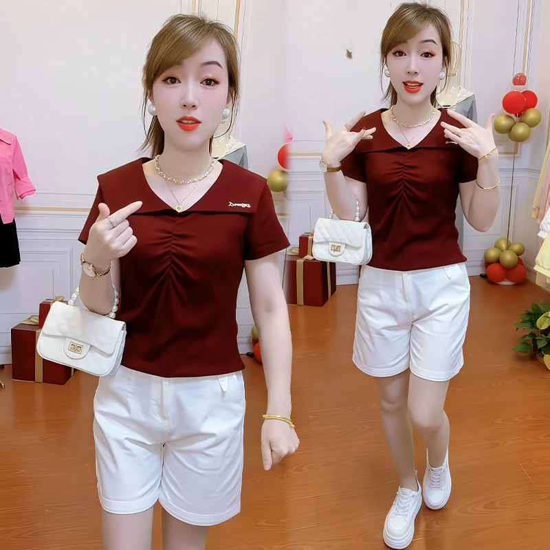 高含棉时尚减龄海军领短袖t恤女2025夏季新款小个子洋气百搭上衣