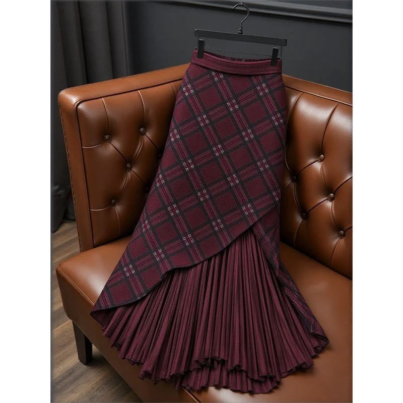 法式复古洋气设计感格纹毛呢半身裙女装2025新款拼接高腰长款裙子