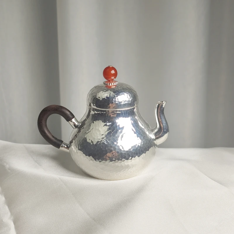 清货-手作檀木999梨型思婷壶素面锤纹小提梁壶素面款家用泡茶银壶