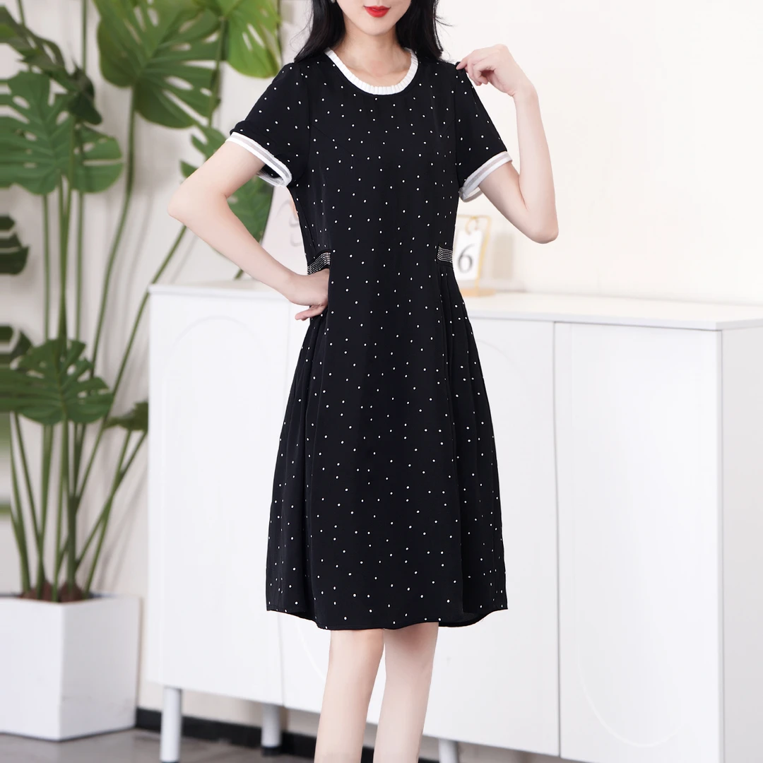 【夏季新款】法式赫本风圆领波点撞色烫钻中长款连衣裙BS3868裙长98