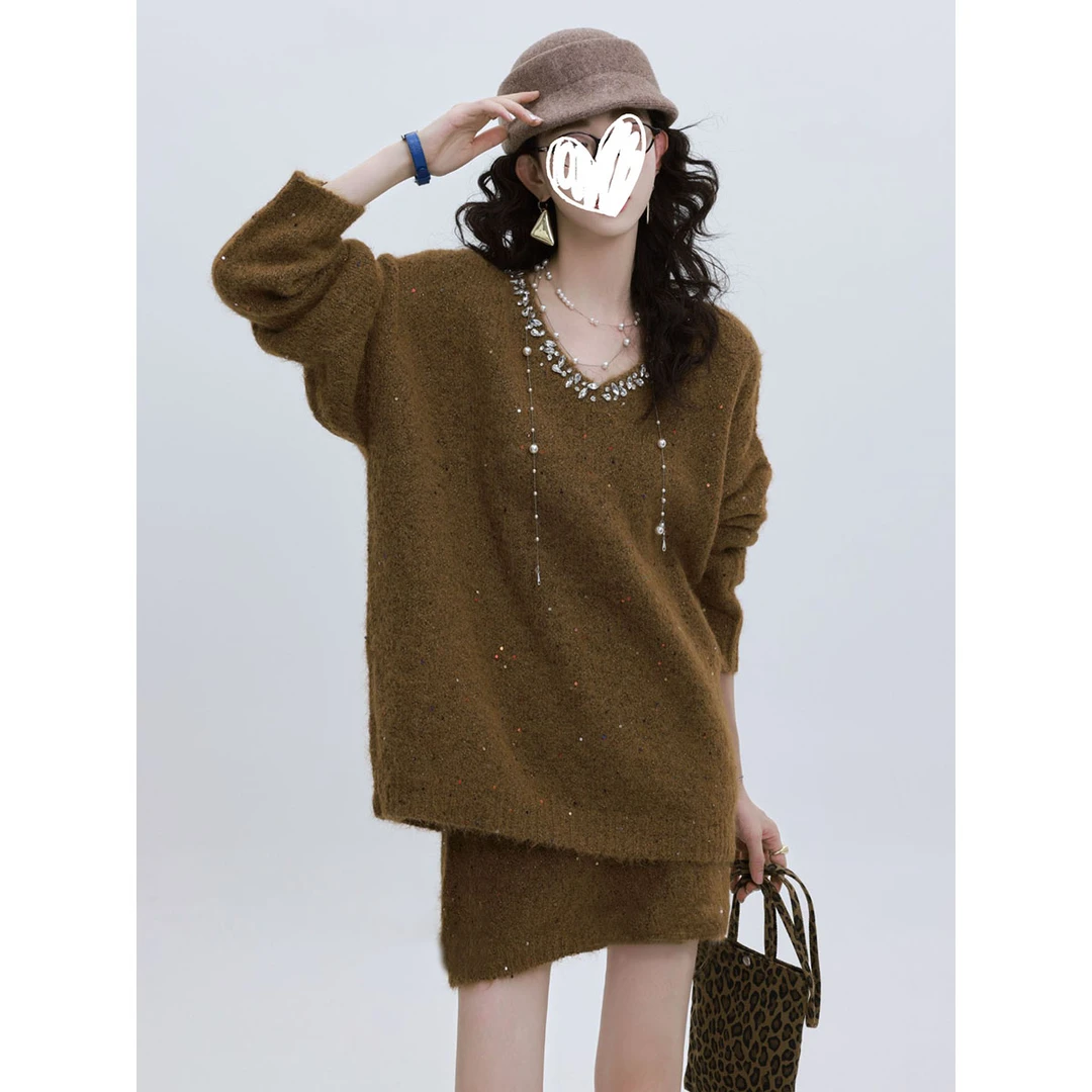 韩系复古温柔风重工钉钻V领毛衣宽松针织上衣女秋半身裙短裙套装