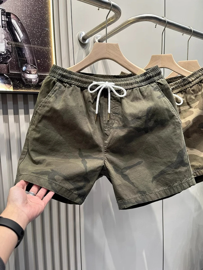 夏季休闲34分迷彩短裤弹力松紧腰中裤男士宽松三分四分潮流裤子男