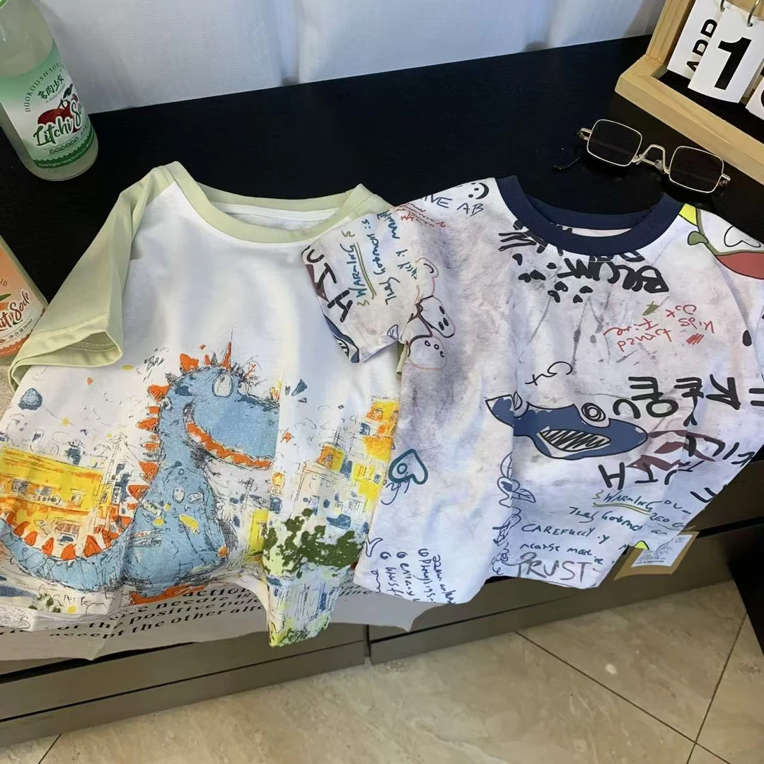 夏款儿童男孩水印涂鸦卡通印花纯棉T恤 亲肤透气柔软夏季半袖圆领