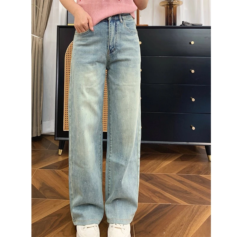 WenWen小个子韩版高档定制款镶钻牛仔直筒裤高腰显高裤子1074