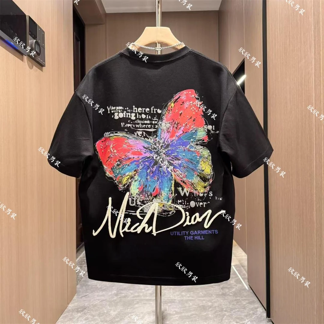 夏季新款男士短袖T恤简约蝴蝶印花圆领上衣百搭半袖潮牌男打底T恤